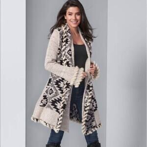 VENUS Women's Tribal Mixed Print Duster Cream and Black Braided Trim Size M